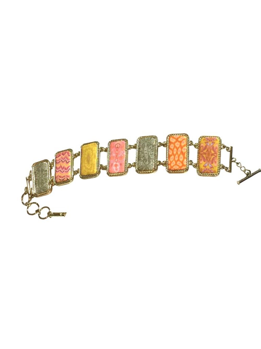 JILZARA Handmade Inlay Pink Green Clay REVERSIBLE TOGGLE Bracelet w Box